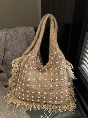 Bolso de Hombro de Punto de Gran Capacidad para Mujer Con Decoración de Perlas Artificiales y Borlas Largas de Flecos
