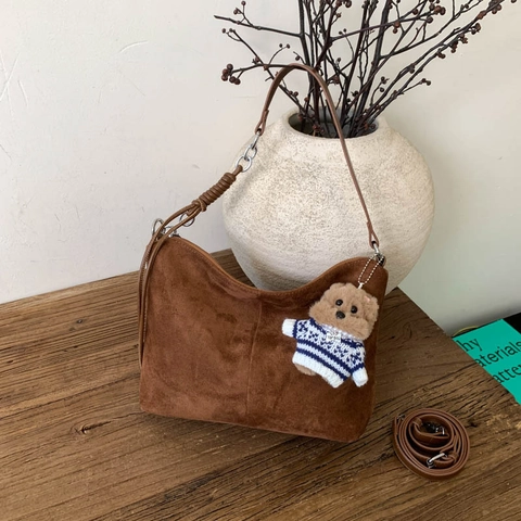 Vintage PU Leather Suede Look Hobo Shoulder Bag With Cute Bear Charm Large Capacity Commute Tote Bag For Women