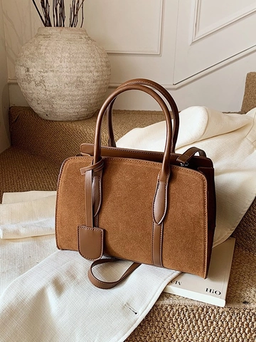 Vintage PU Wildleder Patchwork Boston Tasche Für Damen Minimalistische Nähte Schulter Umhängetasche Retro Büro Pendler Handtasche