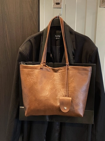 Bolso Tote de Cuero PU de Gran Capacidad Retro para Mujer Bolso de Hombro Informal Con Colgante Redondo Bolso de Moda