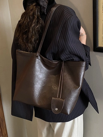 Bolso Tote de Cuero PU de Gran Capacidad Retro para Mujer Bolso de Hombro Informal Con Colgante Redondo Bolso de Moda