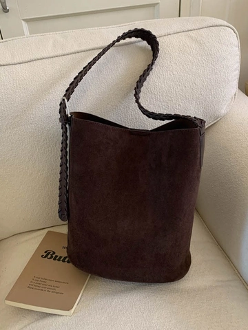 Borsa a Secchiello Vintage in PU Effetto Scamosciato per Donna Borsa a Tracolla Grande Capacità Con Cinturino Intrecciato