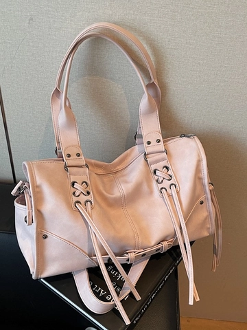 Bolso de Mano de Cuero PU Retro para Mujer Gran Capacidad Tendencia Callejera Bolso de Hombro Vintage Borla Lazada Cremallera