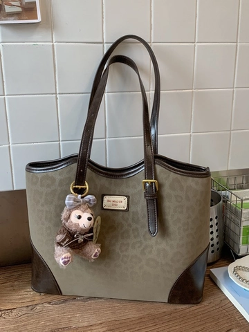 Women Retro Leopard Print Tote Bag PU Leather Large Capacity Shoulder Bag With Plush Bear Pendant Fashion Casual Daily Handbag