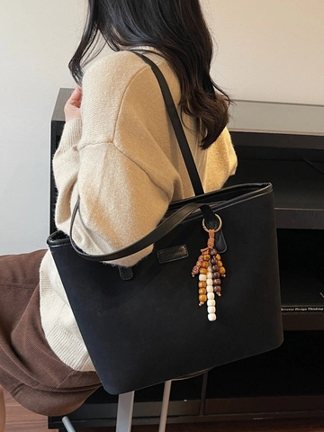Borsa Tote in Camoscio Vintage Donna Grande Capacità Secchiello Leopardato Con Nappa di Perline Borsa a Tracolla Casual Moda Ufficio Pendolare