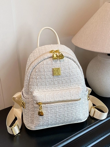 Damen Fashion Tweed Rucksack Große Kapazität Stilvolle Schultasche Mit Goldenen Nieten Elegante Strickstoff Reisetasche