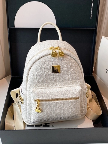 Damen Fashion Tweed Rucksack Große Kapazität Stilvolle Schultasche Mit Goldenen Nieten Elegante Strickstoff Reisetasche