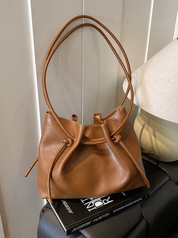 Bolso Tote de Cuero PU para Mujer Gran Capacidad Casual Color Sólido Bolso de Hombro Con Cordón Nudo Decor Bolso de Viaje Vintage