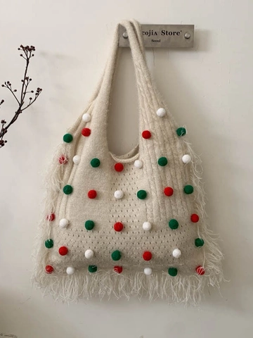 Sac Cabas de Noël en Tricot avec Glands pour Femmes Sac à Épaule Fait Main avec Pompons Grande Capacité Vintage Style Boho de Vacances