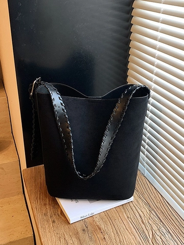 Bolso de Cubo para Mujer de Gamuza Sintética Bolso de Hombro de Gran Capacidad Con Correa Tejida Estilo Coreano Casual