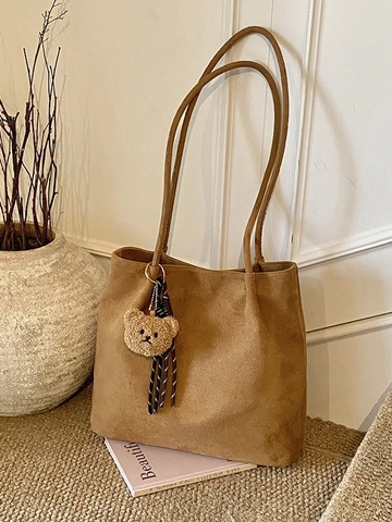 Women Large Capacity Suede Tote Bag Retro Leopard Print Shoulder Bag With Plush Bear Pendant Casual Solid Color Shopper Bag