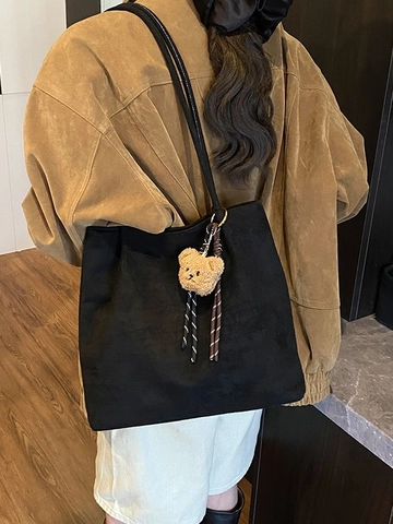 Women Large Capacity Suede Tote Bag Retro Leopard Print Shoulder Bag With Plush Bear Pendant Casual Solid Color Shopper Bag