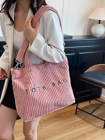 Sac Cabas à la Mode en Velours Côtelé pour Femmes avec Broderie de Lettres Grand Sac à Main d'Épaule Sac Bandoulière Décontracté