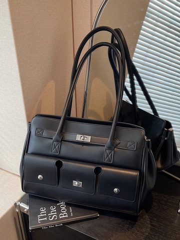 Bolso de Hombro de Cuero PU Vintage para Mujer Bolso Tote Multibolsillo Gran Capacidad Color Sólido Bolso de Axila con Cerradura