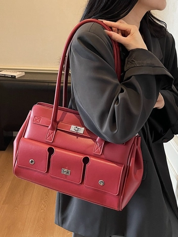 Bolso de Hombro de Cuero PU Vintage para Mujer Bolso Tote Multibolsillo Gran Capacidad Color Sólido Bolso de Axila con Cerradura