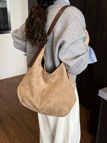 Grote Damestas Van PU-Leer Met Suèdetextuur Vintage Hobo Schoudertas Met Verstellbare Band Voor Dagelijks Woon-Werkverkeer