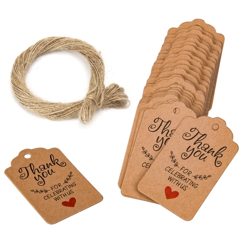 Etichette Regalo in Carta Kraft Con Corda di Juta Thank You Celebrating With Us per Matrimonio Compleanno Festa Decorazione