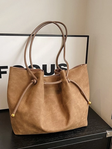Women Large Capacity PU Leather Tote Bag Vintage Retro Commuter Shoulder Bag With Pouch Simple Drawstring Handbag Solid Color