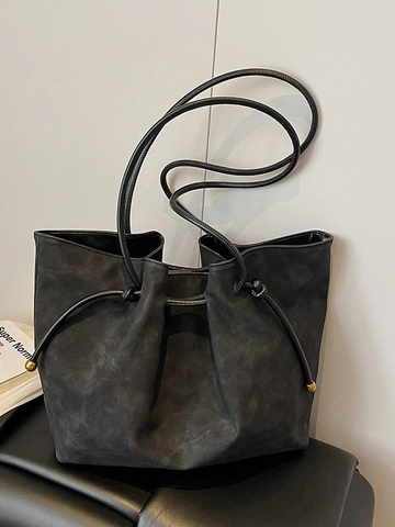 Women Large Capacity PU Leather Tote Bag Vintage Retro Commuter Shoulder Bag With Pouch Simple Drawstring Handbag Solid Color