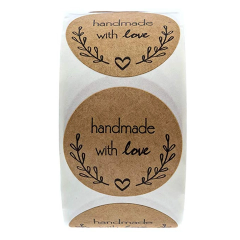 Etichette Adesive Tonde in Carta Kraft Naturale Handmade With Love con Ramo d'Ulivo per Confezioni da Forno Regali Buste
