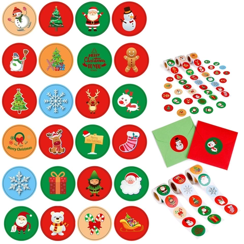 Fröhliche Weihnachten Runde Aufkleber Rolle Festival Geschenkverpackung Etiketten Weihnachtsmann Rentier Schneemann Muster Dekor