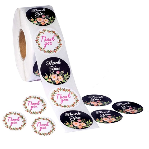 Thank You Stickers Roll Floral Seal Labels For Gift Packaging Envelope Decoration Self-Adhesive Coated Paper Round Stickers
