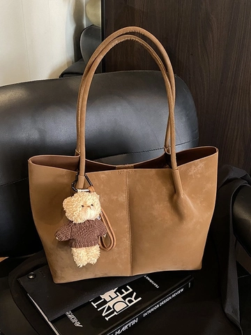 Borsa Tote Retro in Pelle PU Opaca per Donna Borsa a Tracolla di Grande Capacità Con Ciondolo Orso Borsa Pendolare Autunno Inverno