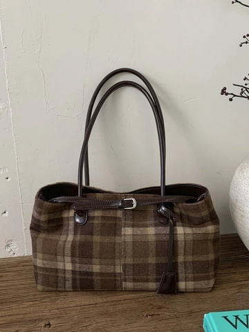 Vintage Karierte Wollen Tote Bag Für Damen Große Kapazität Schultertasche Mit Lederband Minimalistische Urbane Pendlertasche