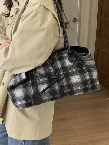 Vintage Karierte Wollen Tote Bag Für Damen Große Kapazität Schultertasche Mit Lederband Minimalistische Urbane Pendlertasche