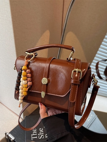 Vintage Glossy PU Leather Crossbody Bag For Women Fashion Small Square Shoulder Bag With Beaded Charm Handbag Office Daily