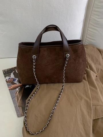 Sac Fourre-tout en Cuir PU Suede Rétro pour Femmes Sac à Épaule Minimaliste Patchwork Avec Chaîne en Métal Sac à Main Femme