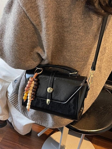 Vintage Glossy PU Leather Crossbody Bag For Women Fashion Small Square Shoulder Bag With Beaded Charm Handbag Office Daily