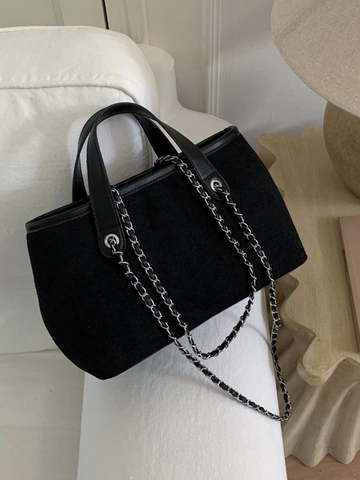 Sac Fourre-tout en Cuir PU Suede Rétro pour Femmes Sac à Épaule Minimaliste Patchwork Avec Chaîne en Métal Sac à Main Femme
