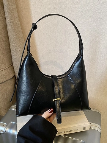 Bolso de Axila de Cuero PU Retro para Mujer Minimalista Bolso Hobo de Media Luna Bolso de Hombro Ajustable con Cremallera