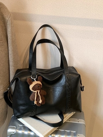 Bolso Tote de Cuero PU para Mujer Gran Capacidad Minimalista Bolso de Hombro Con Colgante de Oso Vintage Color Sólido