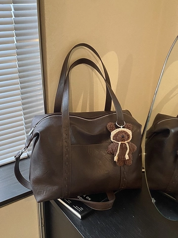 Bolso Tote de Cuero PU para Mujer Gran Capacidad Minimalista Bolso de Hombro Con Colgante de Oso Vintage Color Sólido