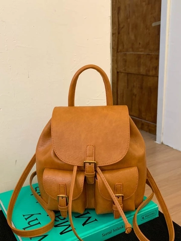 Vintage Women PU Leather Bucket Backpack Retro Preppy Style Rucksack For Travel School Commute Solid Color With Drawstring Flap