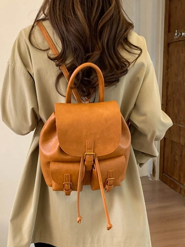 Vintage Women PU Leather Bucket Backpack Retro Preppy Style Rucksack For Travel School Commute Solid Color With Drawstring Flap