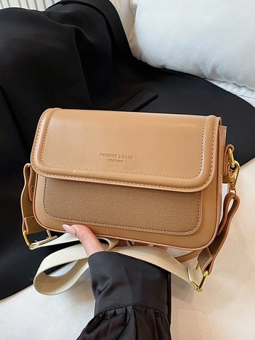 Vintage Women PU Leather Canvas Splicing Crossbody Bag Contrast Color Small Square Shoulder Bag Letter Print Wide Strap Bag