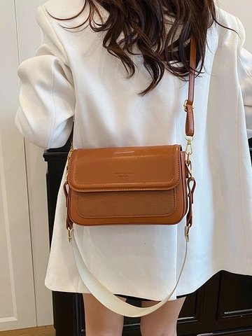 Vintage Women PU Leather Canvas Splicing Crossbody Bag Contrast Color Small Square Shoulder Bag Letter Print Wide Strap Bag