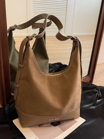 Borsa Hobo Retro da Donna di Grande Capacità in Pelle PU Patchwork con Texture Scamosciata Borsa Tote Minimalista a Tracolla Casual