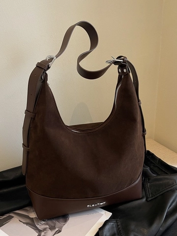 Borsa Hobo Retro da Donna di Grande Capacità in Pelle PU Patchwork con Texture Scamosciata Borsa Tote Minimalista a Tracolla Casual