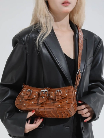 Borsa a Tracolla con Borchie Punk in PU con Goffratura Coccodrillo Y2K Stile Rock Retrò Fibbia in Metallo Donna