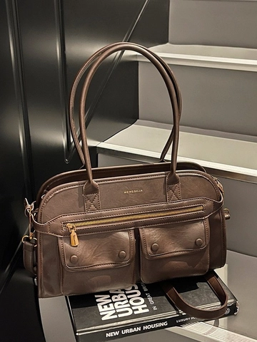 Women Vintage Multi-Pocket PU Leather Tote Bag Large Capacity Casual Shoulder Crossbody Commuter Handbag Contrast Color