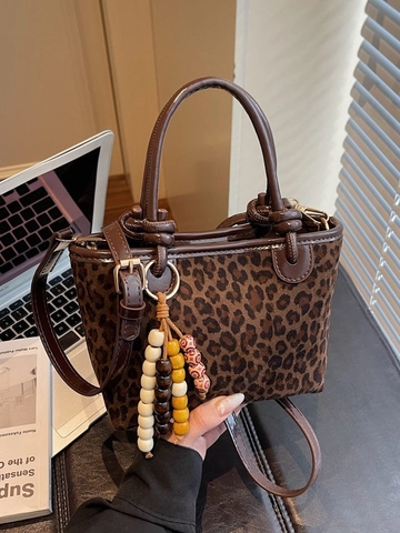 Borsa a Spalla Vintage in Finta Pelle Scamosciata Leopardata Borsa Tote in Pelle PU Con Ciondolo di Perline Per Donna