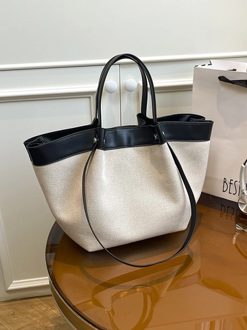 Sac Cabas pour Femmes en Toile et Cuir Synthétique Grande Capacité Sac à Épaule avec Pochette à Cordon Sac à Main Casual