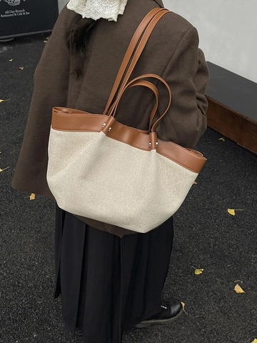 Sac Cabas pour Femmes en Toile et Cuir Synthétique Grande Capacité Sac à Épaule avec Pochette à Cordon Sac à Main Casual