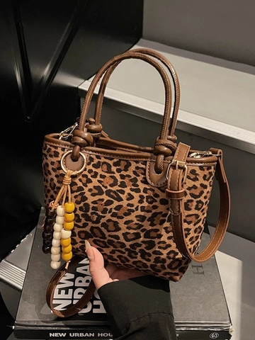 Borsa a Spalla Vintage in Finta Pelle Scamosciata Leopardata Borsa Tote in Pelle PU Con Ciondolo di Perline Per Donna