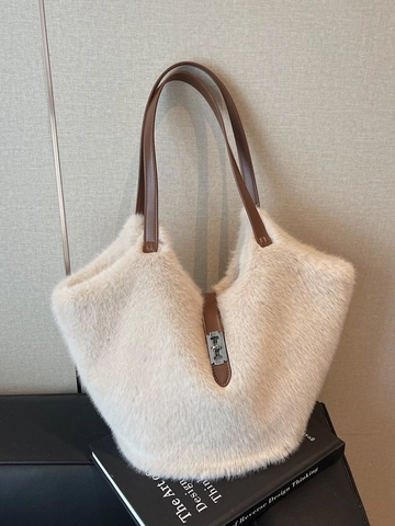 Damen Faux Fur Tote Bag Große Kapazität Plüsch Umhängetasche Herbst Winter Mode Streetwear Handtasche Mit Schloss
