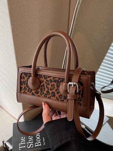 Bolso de Hombro Vintage para Mujer con Estampado de Leopardo de Cuero PU Empalme Bolso Cuadrado Pequeño Cruzado Casual